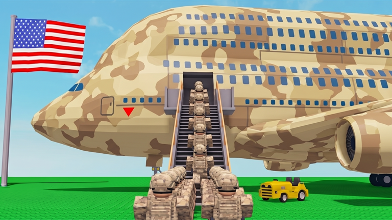 Mini War Roblox thumbnail showing soldiers boarding a camouflaged aircraft