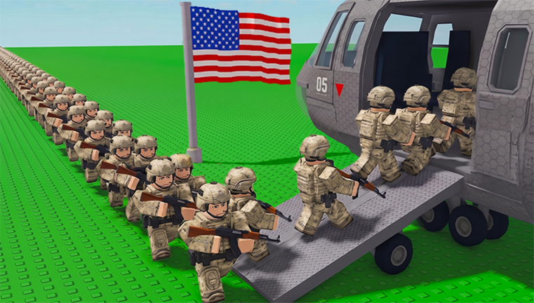Mini War Roblox thumbnail showing soldiers boarding a helicopter