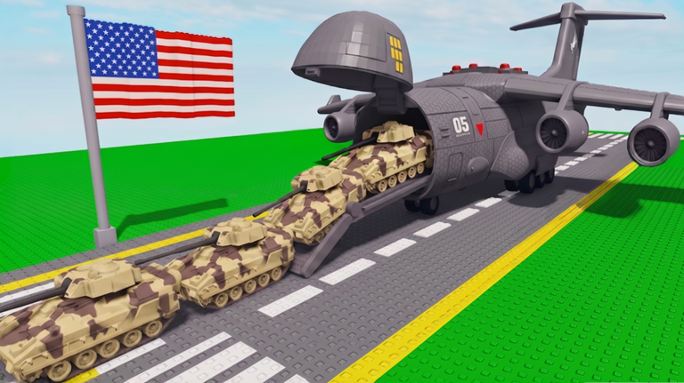 Mini War Roblox thumbnail showing tanks loading into a military transport aircraft